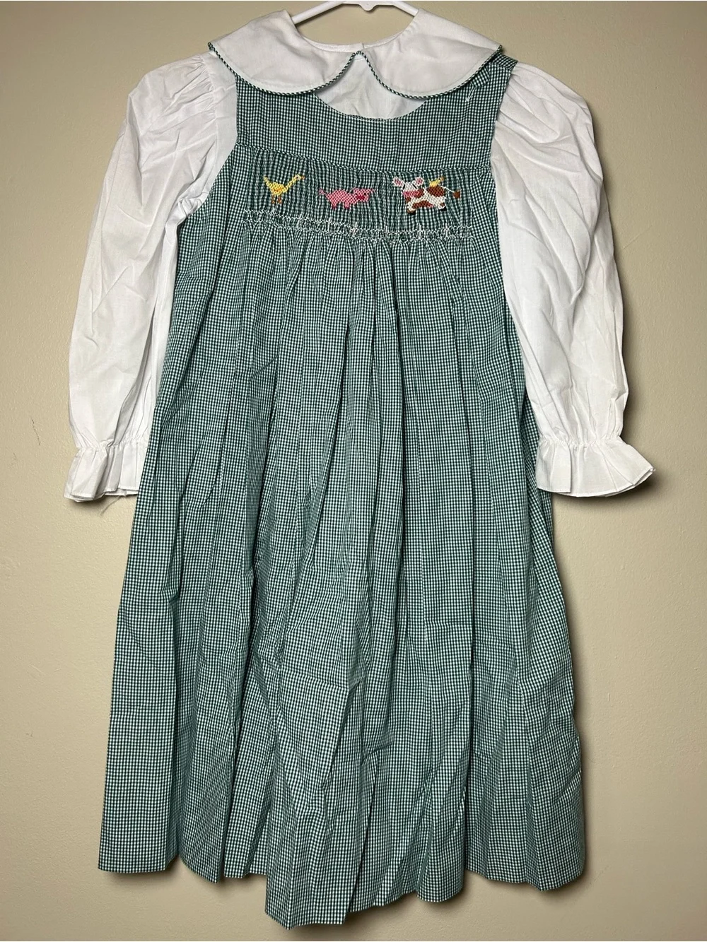 Amanda Remembered Girls 6X Green Gingham Smocked Cow Dress w/ White Blouse